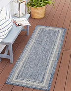 Unique Loom Outdoor Border Collection Area Rug - Soft Border (2' x 8' Runner, Blue/ Ivory)