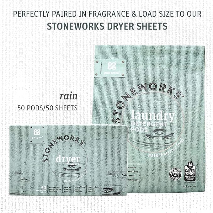 Grab Green Stoneworks Laundry Detergent Pods, Powered by Naturally Derived Plant & Mineral-Based Powder, Unscented, 50 Loads (Pack of 1) - EPA Safer Choice Certified