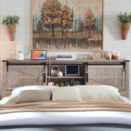 T4TREAM Farmhouse King Size Bed Frame w/Storage Bookcase Headboard, Sliding Barn Door, Charging Station, Rustic Wood Platform Bed w/Wood Slats Support, No Box Spring Needed, Light Rustic Oak