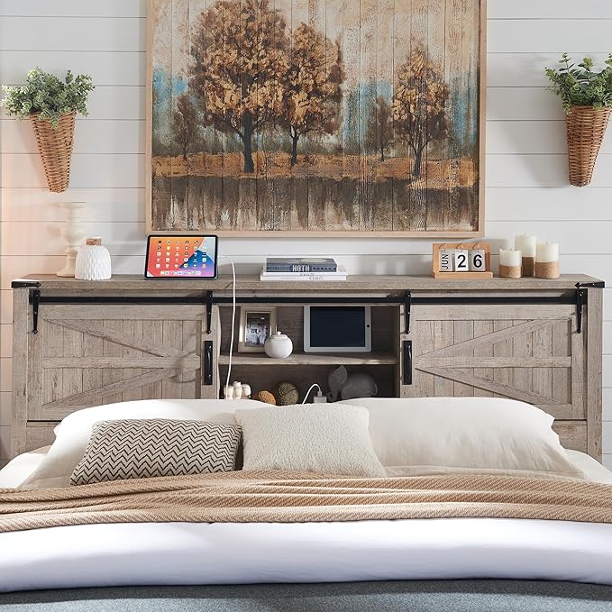 T4TREAM Farmhouse King Size Bed Frame w/Storage Bookcase Headboard, Sliding Barn Door, Charging Station, Rustic Wood Platform Bed w/Wood Slats Support, No Box Spring Needed, Light Rustic Oak