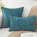 decorUhome Chenille Soft Throw Pillow Covers 16x16 Set of 2, Farmhouse Velvet Neutral Decorative Euro Pillow Covers with Stitched Edge for Couch Sofa Bed Home Decor, Teal
