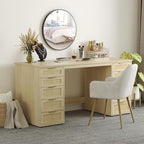 WOPITUES 60" Boho Home Office Desk with 10 Wooden Drawers, Rattan Computer Writing Desk with Power Outlets, Large Executive Desk with Storage Cabinet for Work Study Writing Craft, Natural Brown