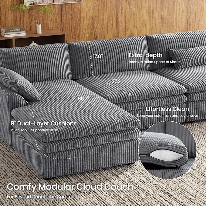 Belffin Large Modular Sectional Sofa with Deep Chaise, 104" Corduroy L Shaped Couch with 9" Soft Dual-Layer Seats Cushion for Living Room, Apartment, Light Grey