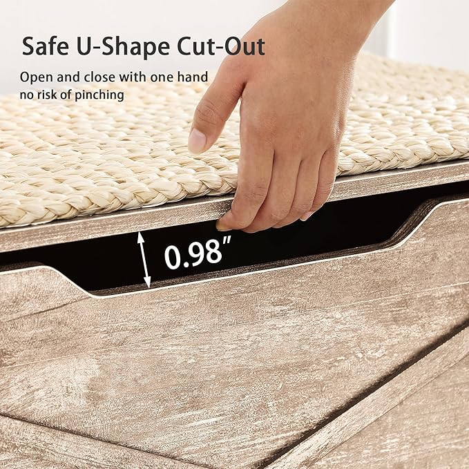 VECELO 30" Storage Bench, Entryway Shoe Ottoman, Farmhouse Style Bench with Handwoven Cushion and Metal Safety Hinges, for Bedroom, Living Room, Entryway, Wood