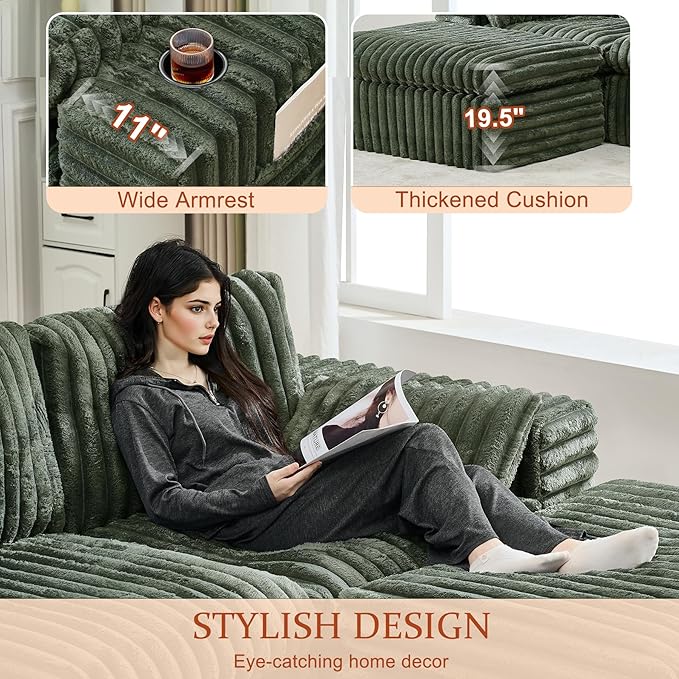 114" Cloud Boneless Sectional Couches for Living Room, Modular Sectional Sofa with Cup Holder, Cozy Fluffy L Shaped Deep Seat Boneless Couch with Storage Pocket, No Assembly Required, Green