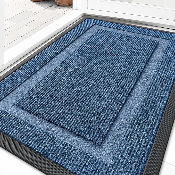 OLANLY Front Door Mat Indoor Outdoor Entrance, Waterproof All-Season, All-Weather Doormat, Sturdy Natural Rubber, Fade Resistant, Low Profile, Easy Clean Patio Porch Entryway Mat, 59x34, Light Blue