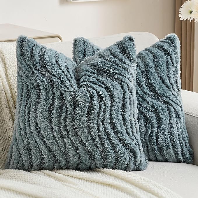 FUTEI Blue Decorative Throw Pillow Covers 16x16 Inch Set of 2,Soft Faux Fur Geometric Shapes Texture Cushion Case,Boho Home Decor for Couch Bed Living Room