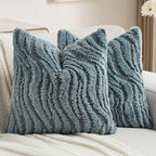 FUTEI Blue Decorative Throw Pillow Covers 26x26 Inch Set of 2,Soft Faux Fur Geometric Shapes Texture Euro Pillow Shams,Boho Home Decor for Couch Bed Living Room