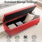 51" Faux Leather Storage Ottoman, Stitch Tufted Rectangle Upholstered End of Bed Storage Bench, Entryway Large Couch Ottoman with Wooden Legs,Red