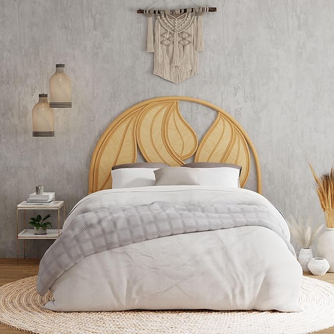 Kouboo Palm Springs Rattan Headboard for Twin Size Beds Natural Boho Style with Intricate Palm Leaf Pattern and Arch Perfect for Coastal Beach Bedroom Made from Rattan 42 in Wide from