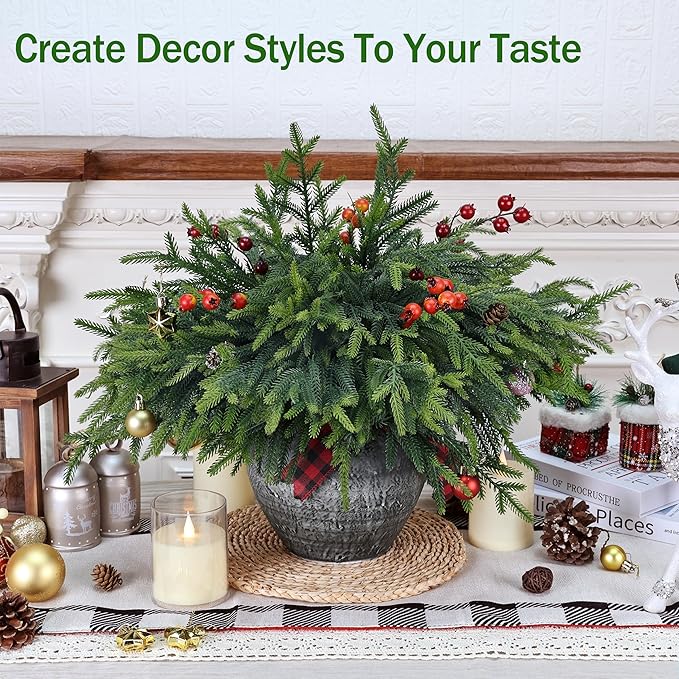 100 Pcs Christmas Greenery Pines Branch Pine Branches Artificial Green Pine Stem - Real Touch for Vase DIY Crafts Flower Arrangement Home Indoor Christmas Decor(18 Inch)