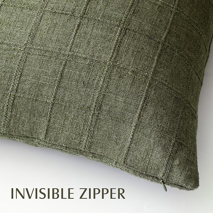 Foindtower Set of 2 Decorative Linen Check Throw Pillow Covers Neutral Farmhouse Vintage Cushion Covers Modern Boho Home Decor for Sofa Chair Couch Bedroom Living Room,18×18 Inch,Olive Green
