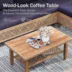 PHI VILLA Wicker Patio Furniture Set, Sectional Outdoor Sofa with Cushions and Acacia Wood Coffee Table, L-Shaped Small Patio Conversation Set, Navy Blue