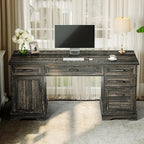 Casaottima 59 Inch Wood Farmhouse Office Desk with Drawers, Executive Computer Desk with File Cabinet & Charging Station for Home Office, Oak