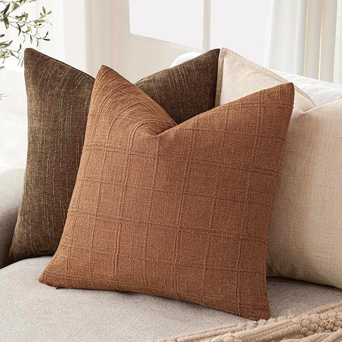 Foindtower Set of 2 Decorative Linen Check Throw Pillow Covers Neutral Farmhouse Vintage Cushion Covers Modern Boho Home Decor for Sofa Chair Couch Bedroom Living Room,18×18 Inch,Orange