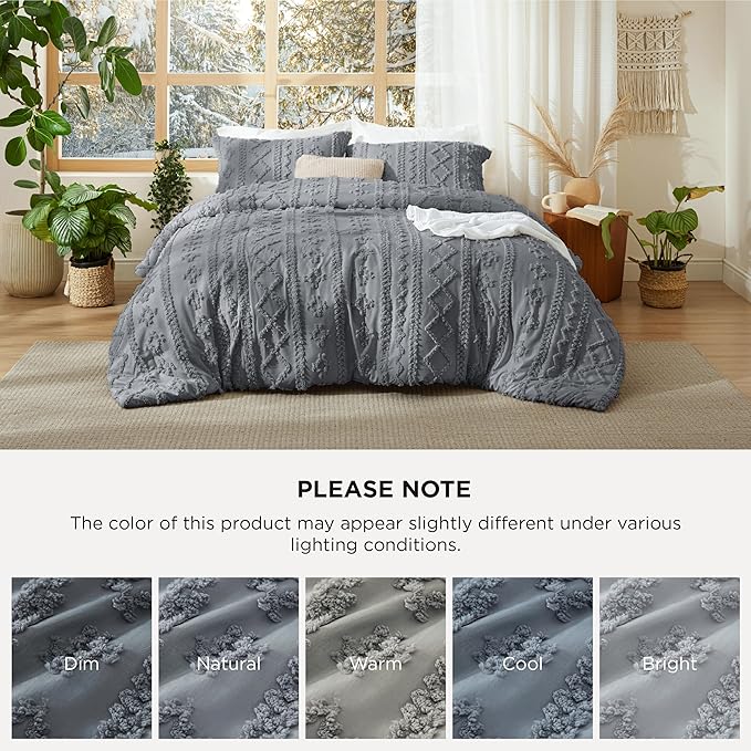 Bedsure Tufted Boho Comforter Set Queen Size - Grey Boho Bed Set, GentleSoft™ 3 Pieces Farmhouse Shabby Chic Embroidery Bedding, Gifts for Woman, Soft Jacquard Queen Comforter for All Seasons
