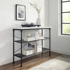 Crosley Furniture Madeleine Sofa Console Table with Storage Shelves for Hall, Entryway, or Living Room, Steel with Faux Marble Top