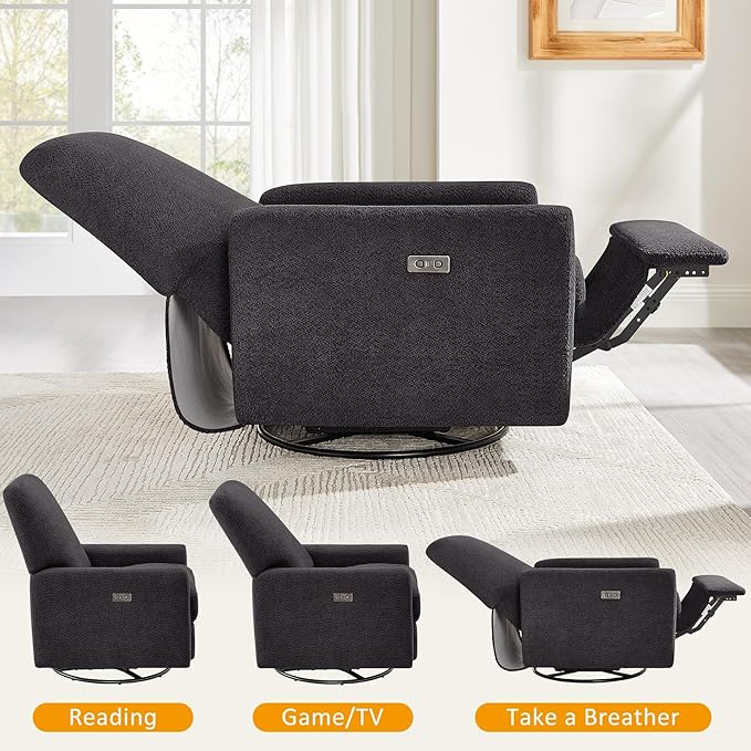 VANOMi Power Swivel Glider Recliner Chair, Electric Nursery Rocker Recliner Chair, USB & Type-C Charger, Charcoal Gray Boucle