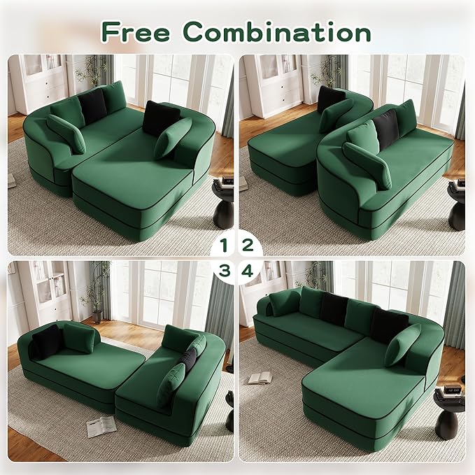 Cloud Sectional Sofa Modern Boneless Couch for Living Room, Comfy Deep Seat Comfy Teddy Fabric Double Sofa Chaise No Assembly Required (Green, 106" L Shape with Right Facing)