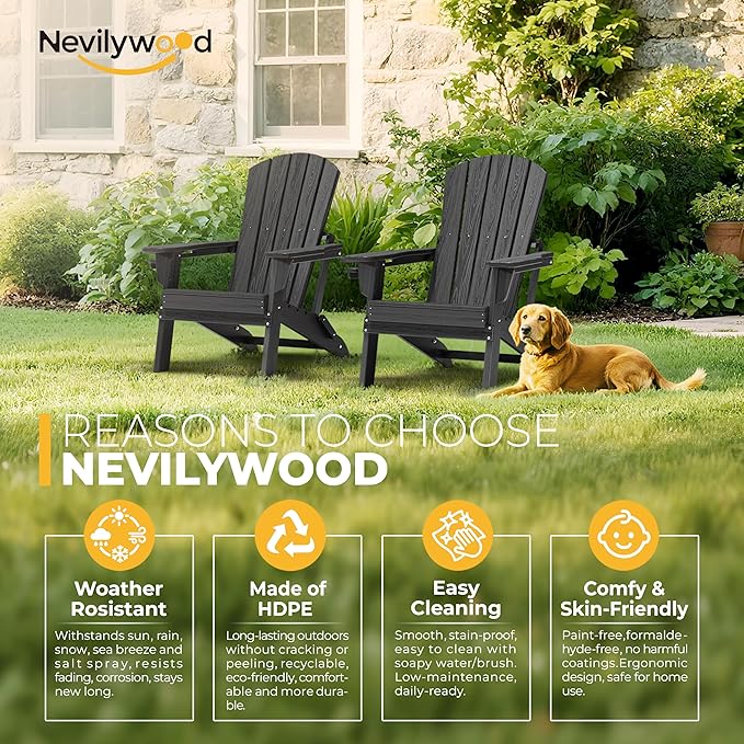 nevilywood Folding Adirondack Chair, Ergonomic Extended Backrest, HDPE All-Weather, 380lbs Capacity, Maintenance-Free, Cup Holder, （Black）- Outdoor Patio & Firepit Chair