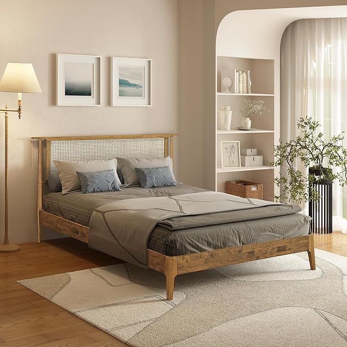 NTC Ruby Wooden Bed Frame with Headboard and Natural Rattan, Solid Oak/Rubber Wood Foundation with Silent Slats, 1000 Lb Capacity, Effortless Assembly Queen - Teak Look