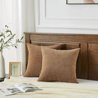 GAWAMAY Decorative Chenille Throw Pillow Covers 24x24 Inch Pack of 2, Soft Square Couch Pillow Cover for Sofa Cushion Living Room Bedroom Solid Dyed Pillowcases Brown 60x60cm (ONLY Covers)