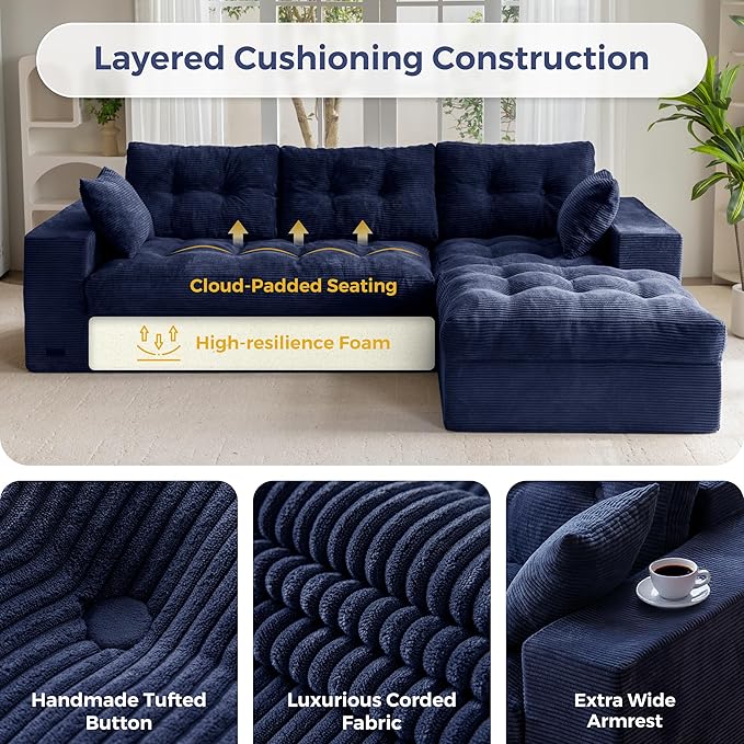MAXYOYO 104" L Shaped Modular Sectional Sofa with Ottoman, Cloud Boneless Couch with Layered Cushion, Upholstered Sofa in a Box, Flexible Module Combination for Living Room, No Assembly, Navy