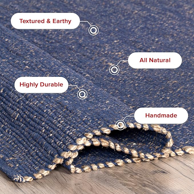 nuLOOM 5x8 Elfriede Jute & Cotton Hand Woven Area Rug, Blue, Solid Rustic Farmhouse Style, Weaved Design, Natural Fiber, For Bedroom, Living Room, Dining Room, Hallway, Office, Entryway