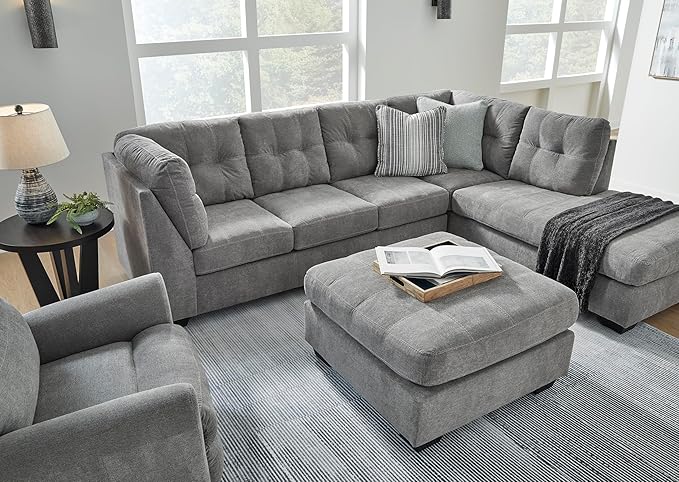 Signature Design by Ashley Marleton Contemporary Right-Arm Facing Tufted 2-Piece Sleeper Sectional with Chaise, Loose Seat Cushions and Bi-Fold Memory Foam Mattress, Full, Light Gray