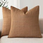 Foindtower Set of 2 Decorative Linen Check Throw Pillow Covers Neutral Farmhouse Vintage Cushion Covers Modern Boho Home Decor for Sofa Chair Couch Bedroom Living Room,24×24 Inch,Brick