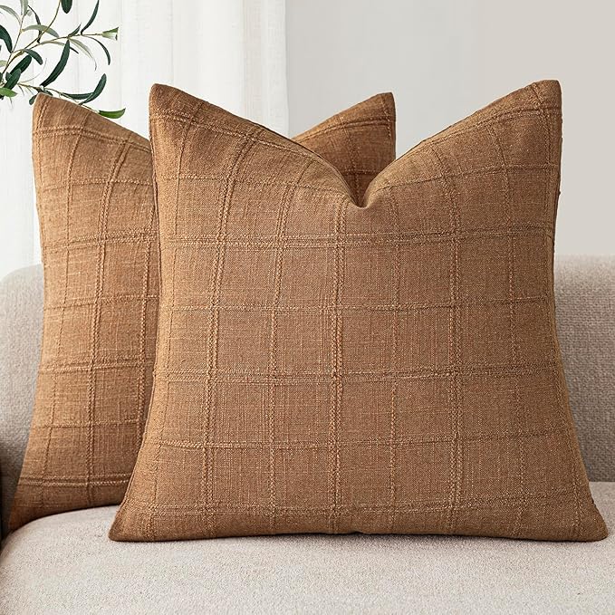 Foindtower Set of 2 Decorative Linen Check Throw Pillow Covers Neutral Farmhouse Vintage Cushion Covers Modern Boho Home Decor for Sofa Chair Couch Bedroom Living Room,20×20 Inch,Brick