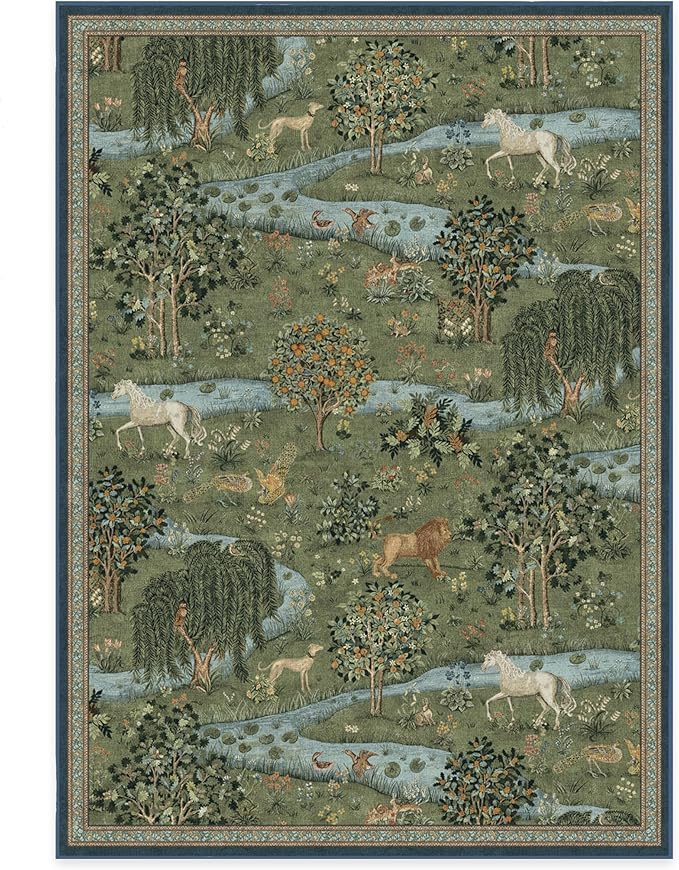 RUGGABLE x Morris & Co Washable Area Rug – Owl & Willow Green 5x7, Stain-Resistant, Non-Slip – Medium Machine Washable Rugs for Living Room, Bedroom, Hallway, Entryway & Office–with Standard Pad