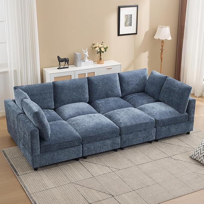 Modular Sectional Cloud Sofa Bed, 8-Seater Convertible Sofa Couch with Ottoman, Modern Deep Seat Sleeper Sofa for Living Room, Chenille Blue