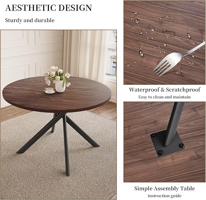 45.3 Inch Modern Round Dining Table for 4, Space-Saving Dinette with Carbon Steel Legs for Home Kitchen Apartment(Dark Walnut Table)
