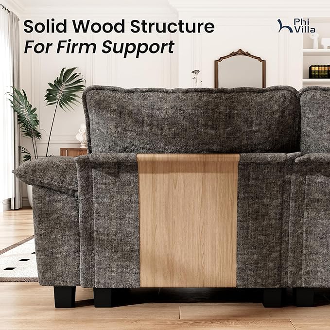 PHI VILLA Cloud Modular Couch Sets, 157.5" Sectional Sofa with L-Shaped Chaise, 5-Seater Upholstered Couches with Movable Ottoman for Living Room, Chenille Fabric, Smoky Grey