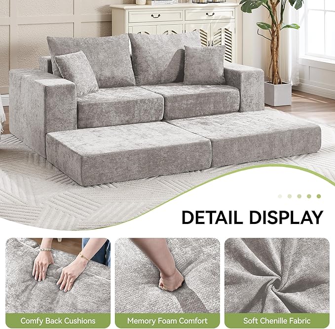 79" Boneless Loveseat Sofa Couch, Modular Foldable Floor Cloud Sofa with Ottoman, Lounge Convertible Sofa Bed for Living Room, No Assembly, Chenille Light Grey