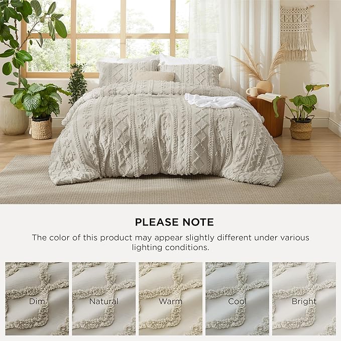 Bedsure Tufted Boho Comforter Set Full Size - Linen Boho Bed Set, GentleSoft™ 3 Pieces Farmhouse Shabby Chic Embroidery Bedding, Gifts for Woman, Soft Jacquard Full Comforter for All Seasons