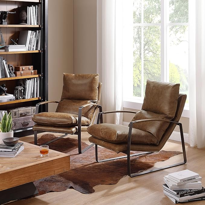 Art Leon Set of 2 Genuine Leather Accent Chairs for Living Room, Mid Century Modern Lounge Chair Living Room Sofa Chair with Black Metal Frame, Brown