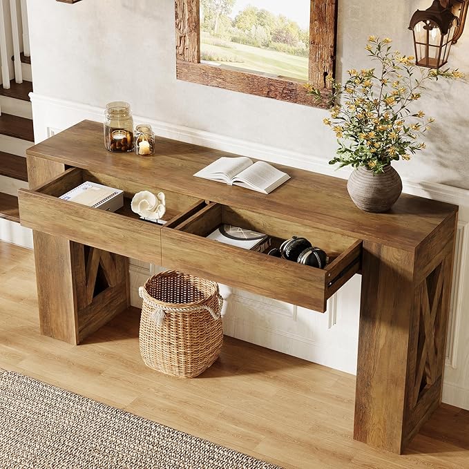 Tribesigns 63-Inch Long Console Table, Farmhouse Entryway Table with 2 Drawers and X-Shaped Legs, Narrow Sofa Furniture Behind The Couch for Entrance, Hallway, Living Room, Warm Brown