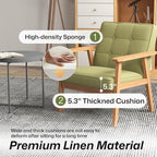 Modern Accent Chair with Arm Rest Set of 2, Upholstered Linen Fabric Leisure Chair Comfy Side Chair with Backrest Button and Wooden Frame for Living Room Bedroom Reading(Green)