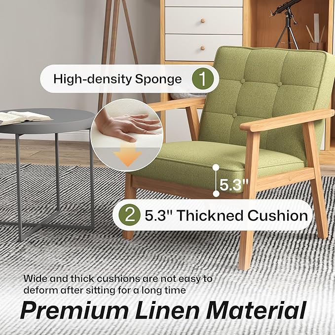 Modern Accent Chair with Arm Rest Set of 2, Upholstered Linen Fabric Leisure Chair Comfy Side Chair with Backrest Button and Wooden Frame for Living Room Bedroom Reading(Green)