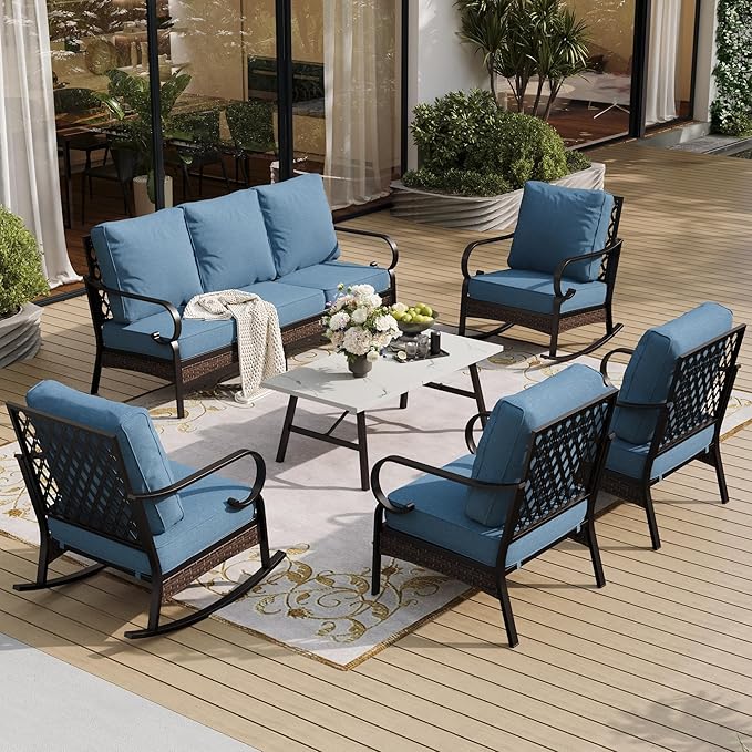 6 Piece Metal Outdoor Patio Furniture Set, Patio Conversation Set with Rocking Chair and 5.75" Thick Cushion & Coffee Tabl, Outdoor Seating Black Frame Backyard Furniture, Denim Blue