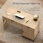 47" Fluted Executive Desk, Modern Wood Home Office Desk with Charging Station, Drawer & Cabinet, Computer Writing Desk for Work Study, Light Oak