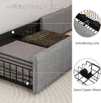 Full Size Upholstered Platform Bed Frame with 4 Storage Drawers and Charging Station, Linen Button Tufted Wingback Headboard, Sturdy Wooden Support Slats, No Box Spring Needed, Light Grey