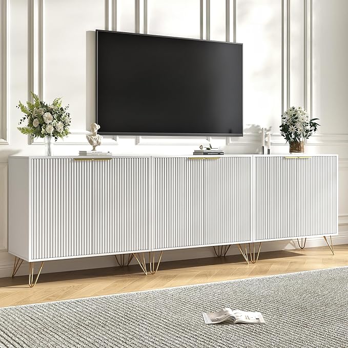 Storage Cabinet Set of 3, White Fluted Cabinet with Adjustable Shelves, Modern Coffee Bar for Kitchen, Living Room and Office