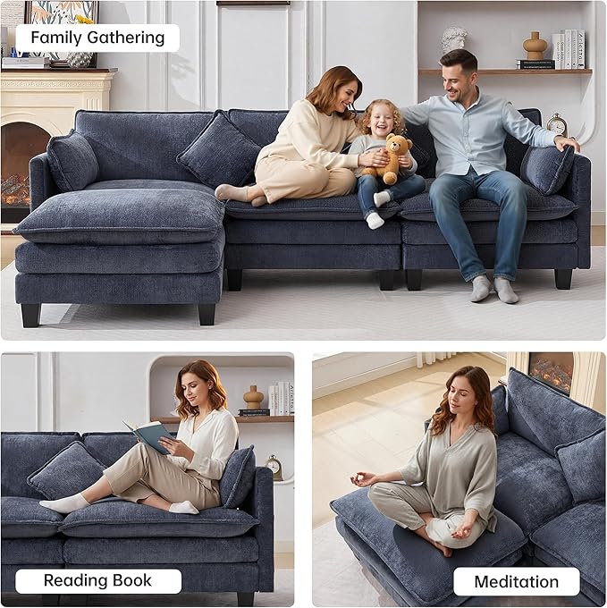 108" Modern L-Shaped Sectional Sofa with USB & Type-c Port Charger, Modular Cloud Couch, Deep Seating Chenille Fabric 4-Seater with Ottoman and Pillows for Living Room (Blue)