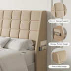 Queen Size Headboard with Charging Station, Ergonomic Upholstered Linen Headboards Only, Wingback Wood Bed Head Board with Storage Pocket, Bed Frame Adapters, Beige