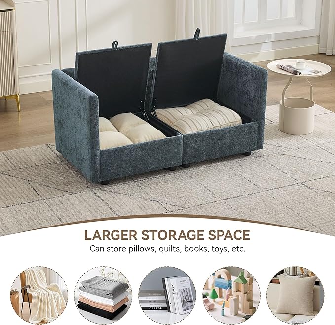55" Cloud Modular Loveseat Sofa with Storage, Modern Upholstered Sofa Couch Small Love Seat，2 Seater Chenille Comfy Sectional Sofa with Armrests for Living Room, Small Space, Blue
