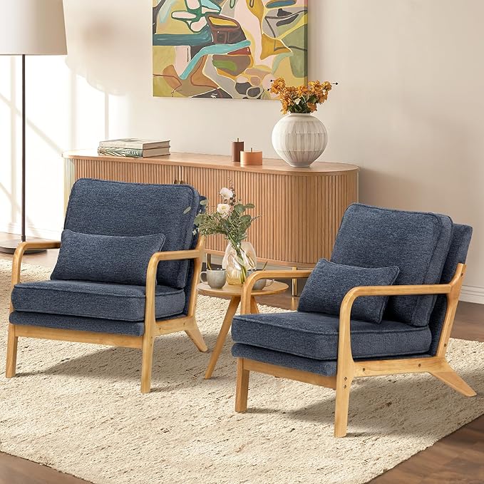 Modern Accent Chair with Lumbar Pillow, Relaxing Mid Century Chair Armchair with Solid Wood Frame & Soft Cushion, Reading Leisure Armchair for Living Room, Blue