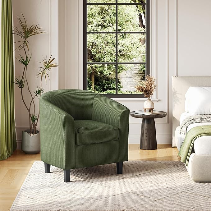 Yaheetech Corduroy Barrel Chair, Upholstered Club Accent Chair, Round Armchair with Soft Cushion for Living Room Bedroom Reading Room, Dark Green
